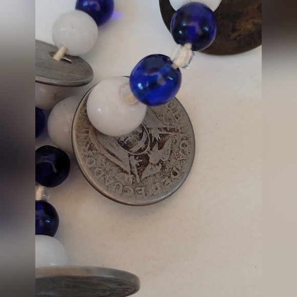 Otavalo 3 Strand Trade Bead Glass & 5 Centavo Coins Necklace Blue & White 24" - Picture 3 of 14